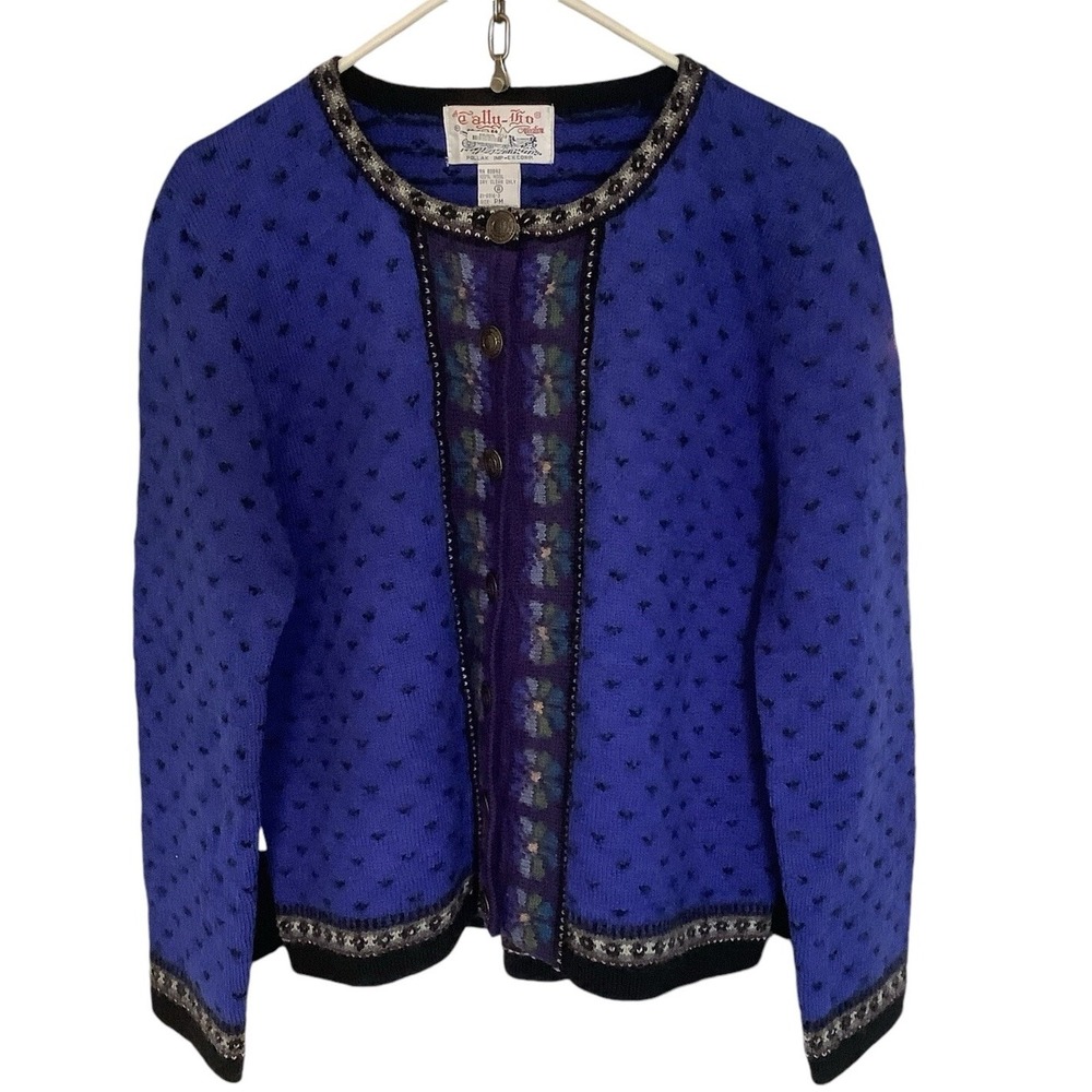 Vintage Tally-Ho Women's PM Blue 100% Wool Embroidered Cardigan Sweater